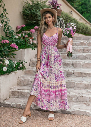 Tassel Printed V-Neck Maxi Dress - MimiStylez