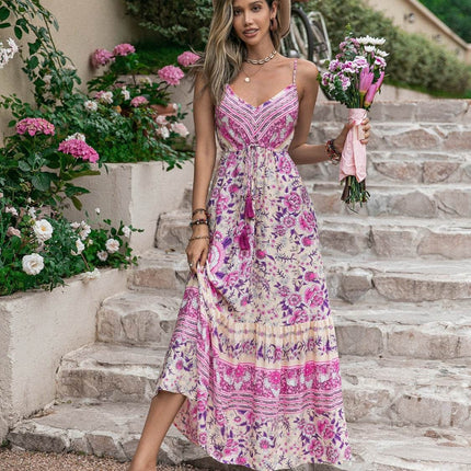 Tassel Printed V-Neck Maxi Dress - MimiStylez