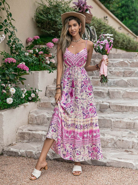 Tassel Printed V-Neck Maxi Dress - MimiStylez
