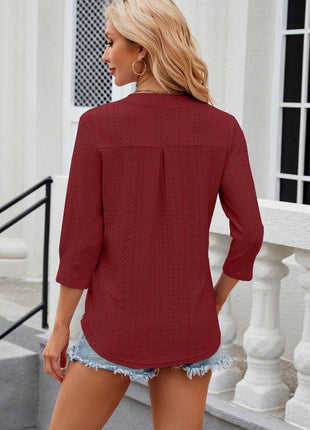 Eyelet Notched Knit Jacquard Top - MimiStylez