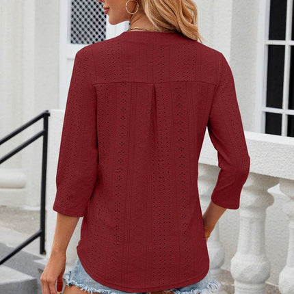 Eyelet Notched Knit Jacquard Top - MimiStylez
