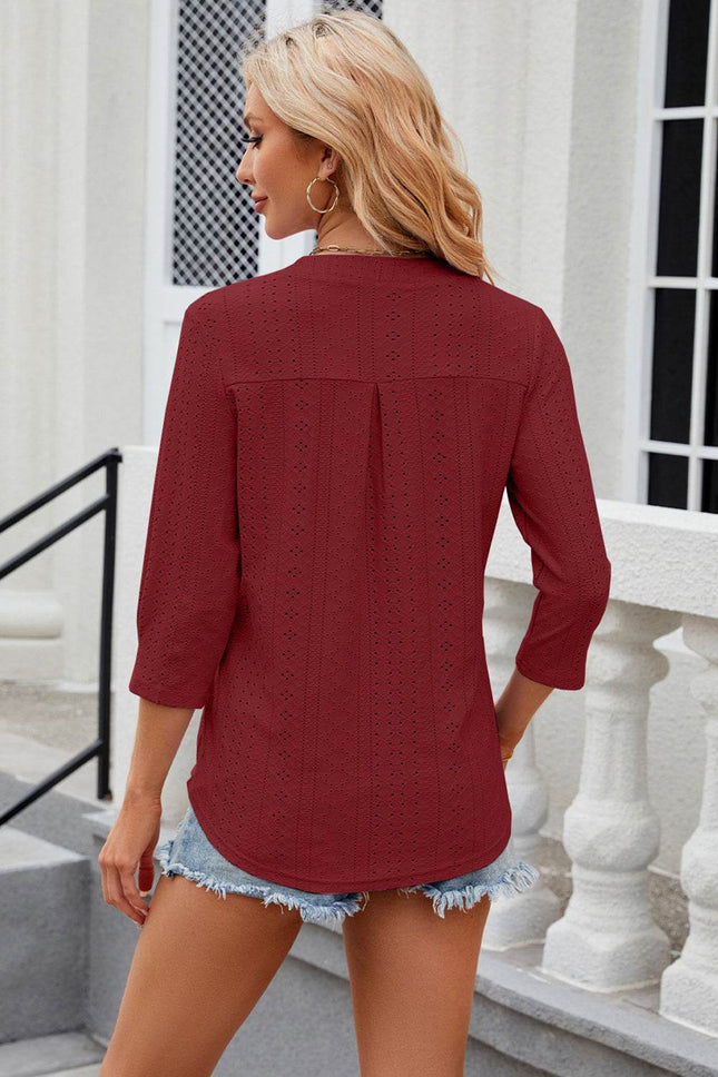 Eyelet Notched Knit Jacquard Top - MimiStylez