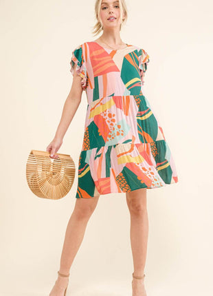 And The Why Printed Double Ruffle Sleeve Dress - MimiStylez