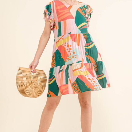 And The Why Printed Double Ruffle Sleeve Dress - MimiStylez