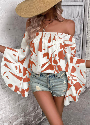 Printed Off-Shoulder Bell Sleeve Blouse - MimiStylez