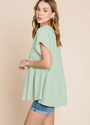 Cotton Bleu by Nu Lab Ruched Notched Short Sleeve Blouse - MimiStylez
