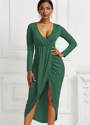 High-low Ruched Surplice Long Sleeve Dress - MimiStylez