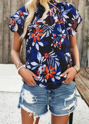 Printed Ruffled Mock Neck Blouse - MimiStylez