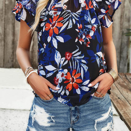 Printed Ruffled Mock Neck Blouse - MimiStylez