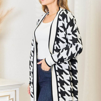 Woven Right Houndstooth Open Front Longline Cardigan - MimiStylez