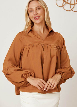 Balloon Sleeve Collared Neck Blouse - MimiStylez