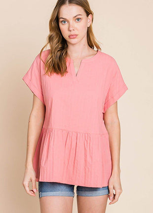 Cotton Bleu by Nu Label Notched Short Sleeve Peplum Top - MimiStylez
