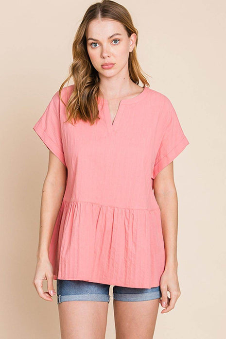 Cotton Bleu by Nu Label Notched Short Sleeve Peplum Top - MimiStylez