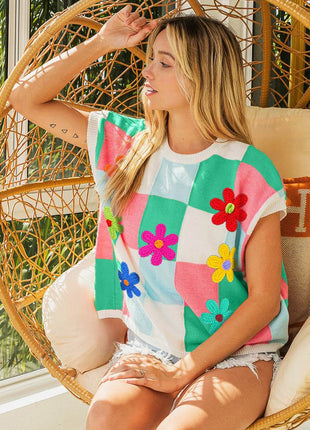 BiBi Flower Patch Checkered Sweater Vest - MimiStylez