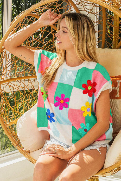 BiBi Flower Patch Checkered Sweater Vest - MimiStylez