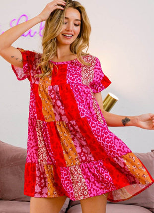 BiBi Leopard Short Sleeve Tiered Dress - MimiStylez