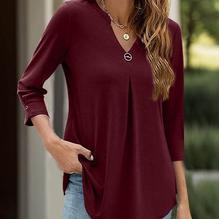 Notched Three-Quarter Sleeve T-Shirt - MimiStylez