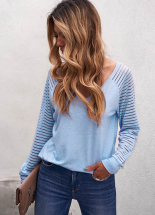 Sheer Striped V-Neck Top - MimiStylez