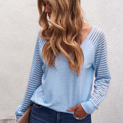 Sheer Striped V-Neck Top - MimiStylez