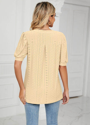 Eyelet Short Puff Sleeve Notched Neck Top - MimiStylez