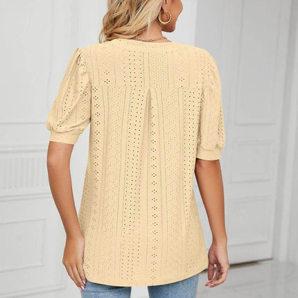 Eyelet Short Puff Sleeve Notched Neck Top - MimiStylez