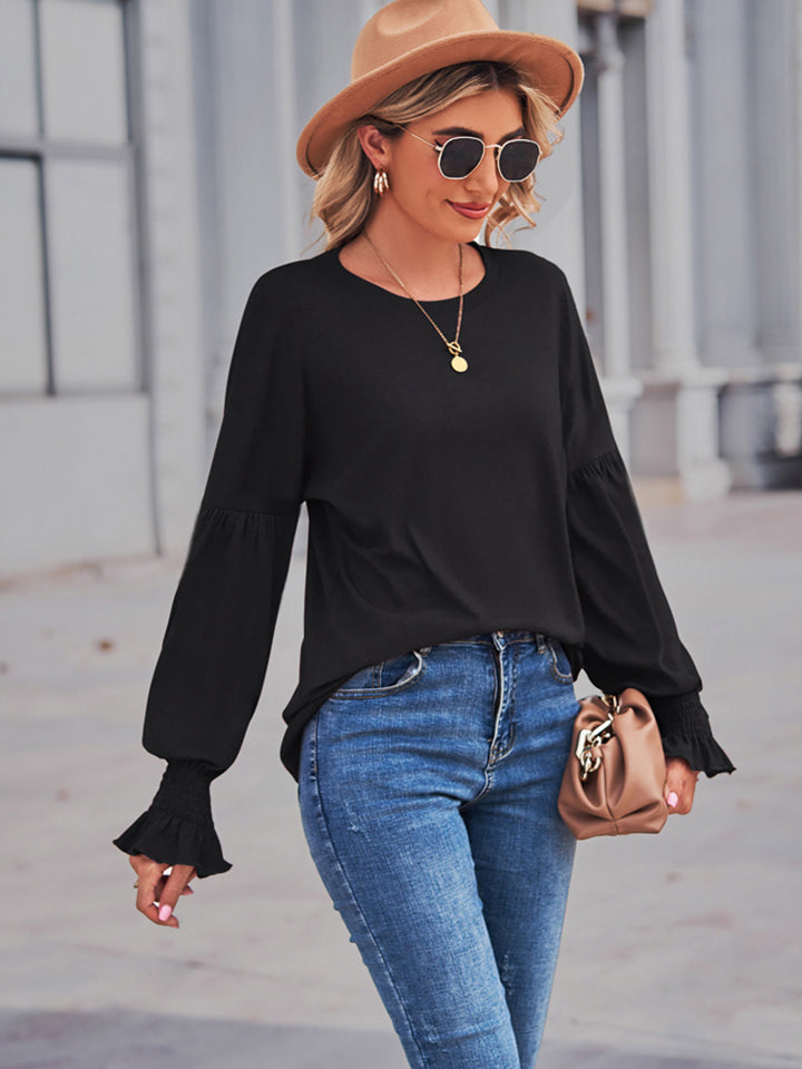 Round Neck Flounce Sleeve Blouse