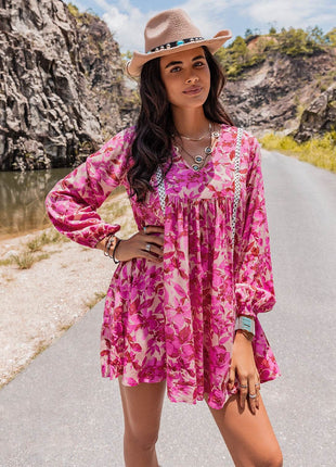 Long Sleeve V-Neck Mini Dress - MimiStylez