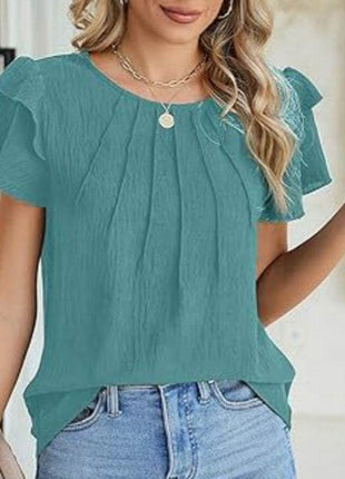 Women's Ruffle Short Sleeve Shirts Dressy Casual Crewneck Top - MimiStylez