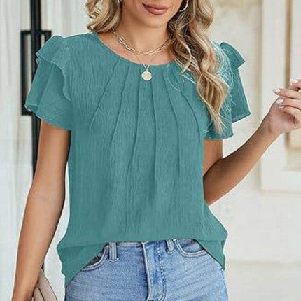Women's Ruffle Short Sleeve Shirts Dressy Casual Crewneck Top - MimiStylez