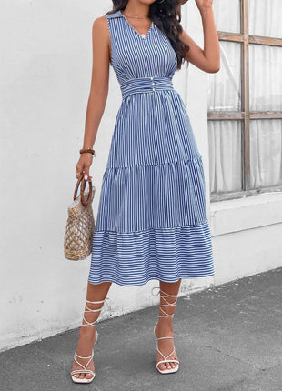 Striped Johnny Collar Sleeveless Midi Dress - MimiStylez