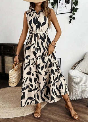 Printed Tie Waist Sleeveless Maxi Dress - MimiStylez