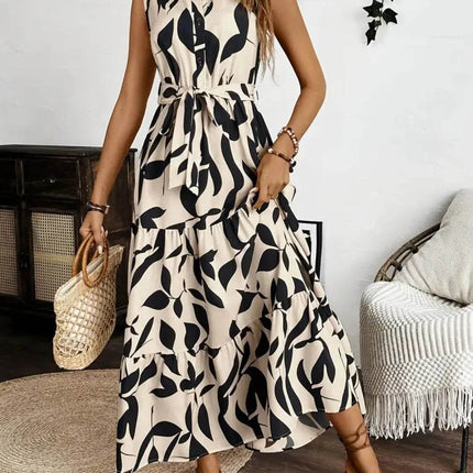 Printed Tie Waist Sleeveless Maxi Dress - MimiStylez