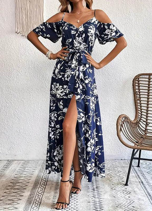 Women's Floral Maxi Dress Cold Shoulder Split Belted A Line Long Summer Dress - MimiStylez