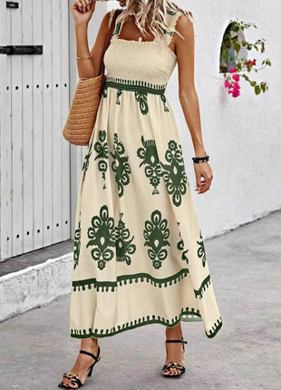 Smocked Printed Wide Strap Maxi Dress - MimiStylez