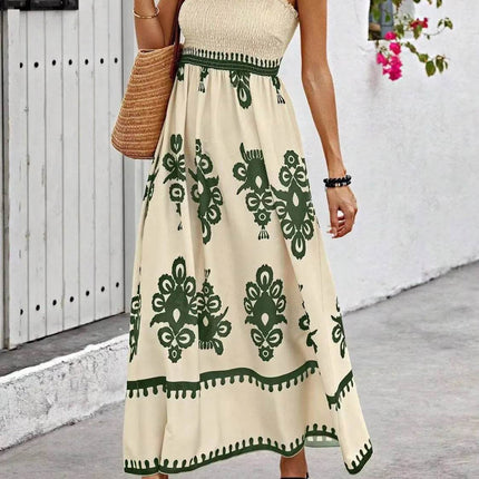 Smocked Printed Wide Strap Maxi Dress - MimiStylez