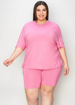 Neck Drop Shoulder T-Shirt and Shorts Set - MimiStylez