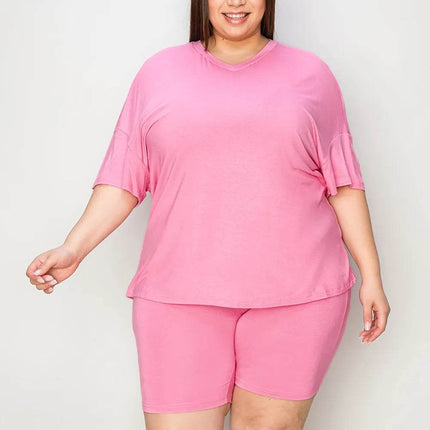 Neck Drop Shoulder T-Shirt and Shorts Set - MimiStylez