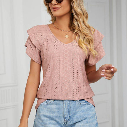 Eyelet Layered Flutter Sleeve V-Neck Knit Top - MimiStylez