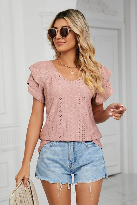 Eyelet Layered Flutter Sleeve V-Neck Knit Top - MimiStylez