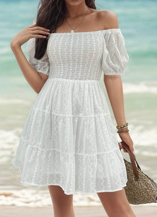 Smocked Eyelet Off-Shoulder Mini Dress - MimiStylez