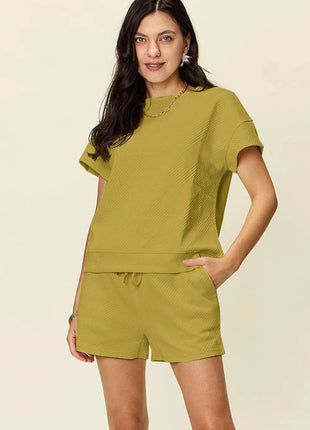 Double Take Full Size Texture Short Sleeve T-Shirt and Drawstring Shorts Set - MimiStylez