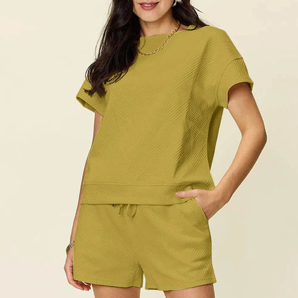 Double Take Full Size Texture Short Sleeve T-Shirt and Drawstring Shorts Set - MimiStylez