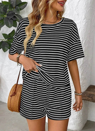 Striped Round Neck Short Sleeve Top and Shorts Set - MimiStylez