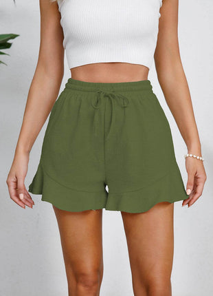 Full Size Drawstring Ruffle Hem Shorts - MimiStylez