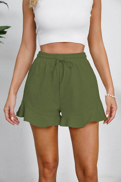 Full Size Drawstring Ruffle Hem Shorts - MimiStylez