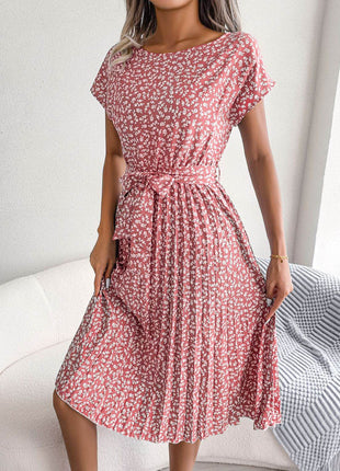 Ditsy Floral Pleated Belted Dress - MimiStylez