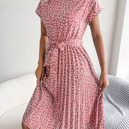 Ditsy Floral Pleated Belted Dress - MimiStylez
