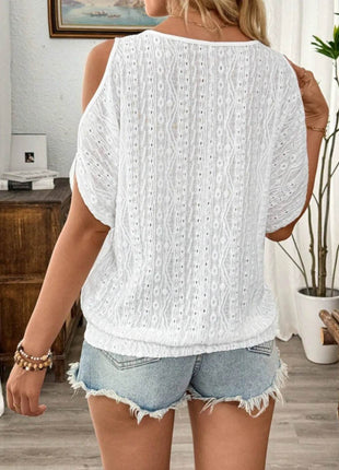 Eyelet Cold Shoulder Round Neck Blouse - MimiStylez