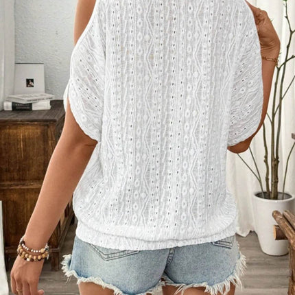 Eyelet Cold Shoulder Round Neck Blouse - MimiStylez