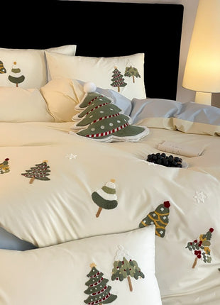 Christmas Tree Embroidery Cotton Four-piece Duvet Set